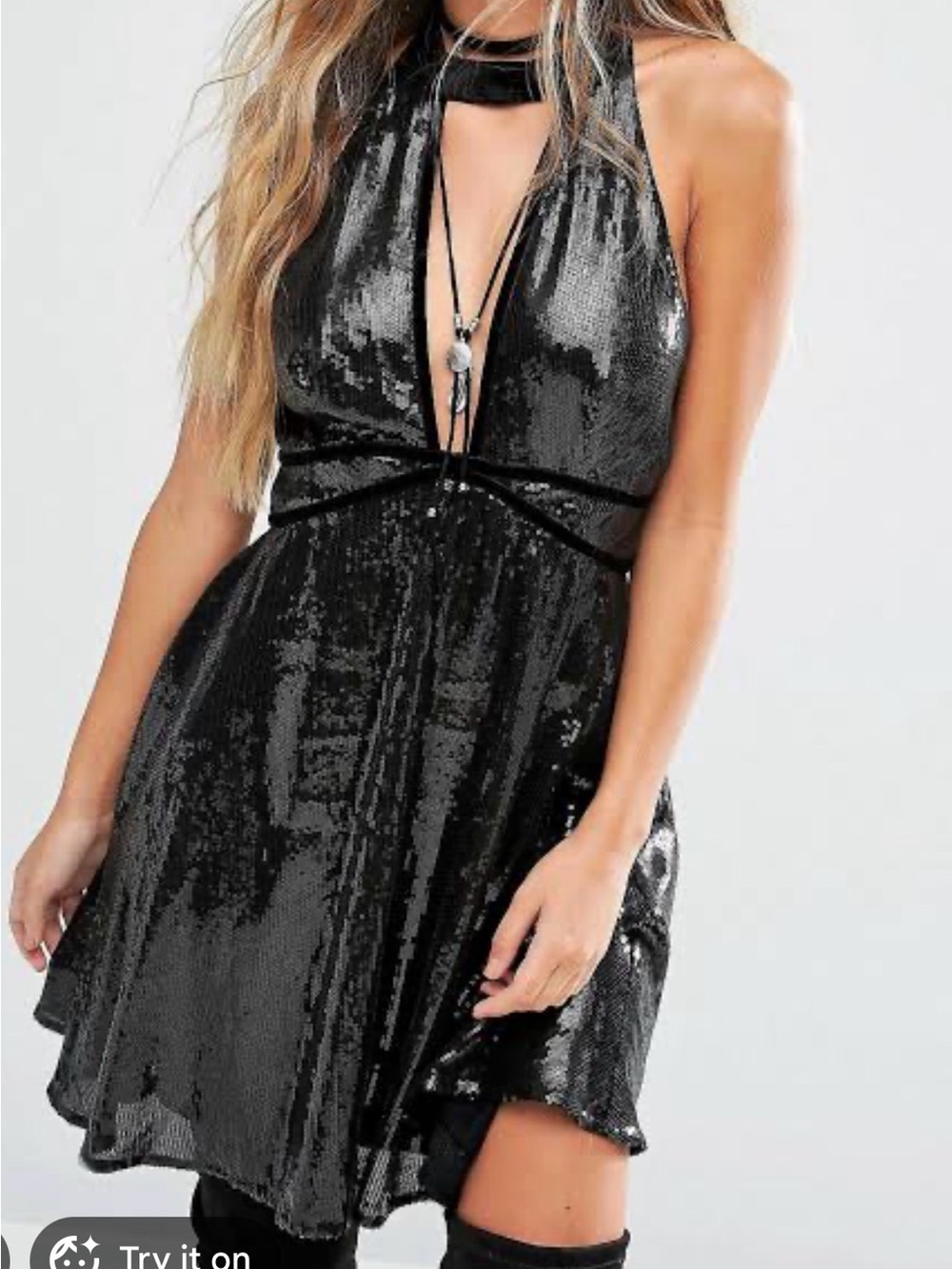 Free People Black Sequin Halter mini Dress